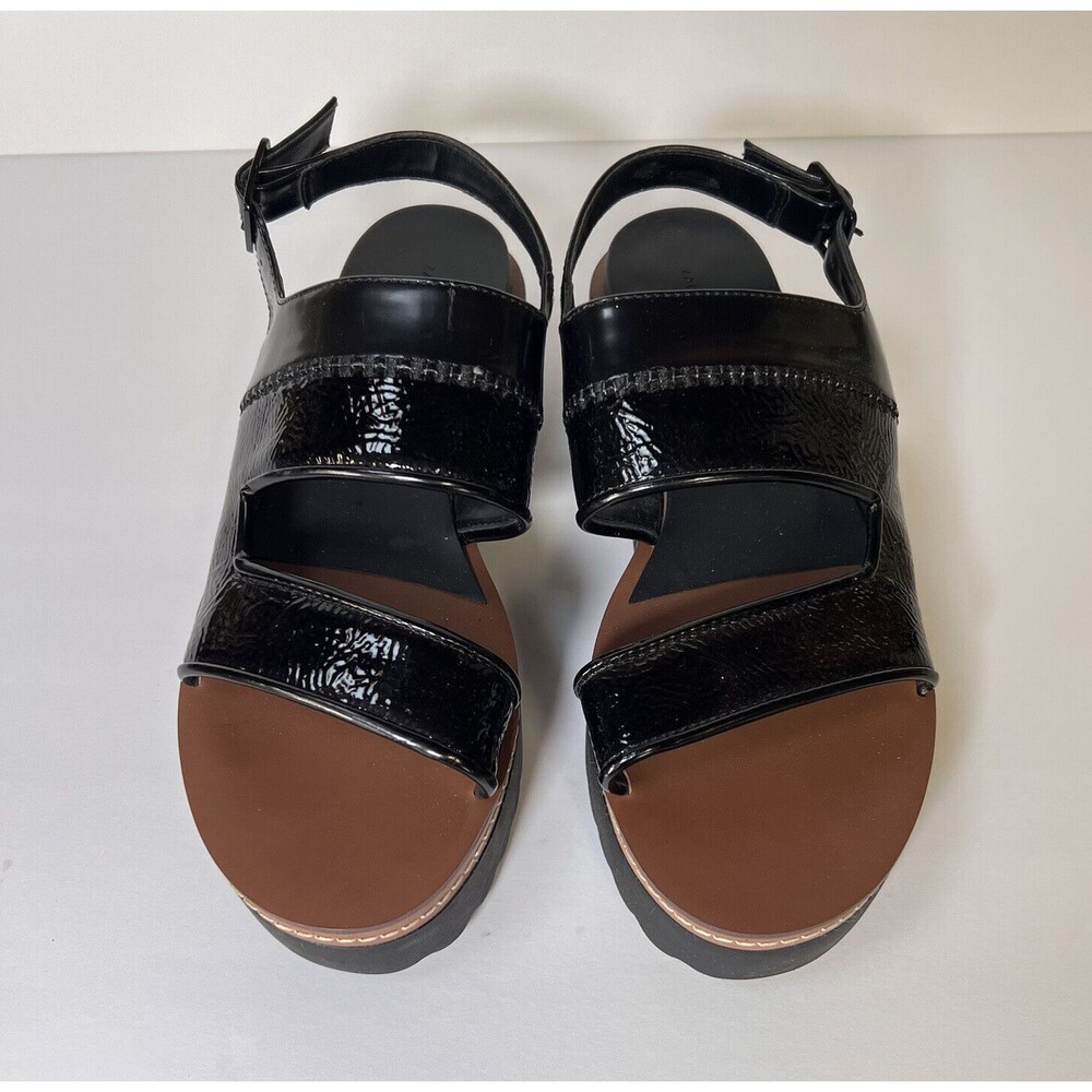ZARA Platform Slingback Black Patent Faux Leather Sandals Size 7.5 Adjustable